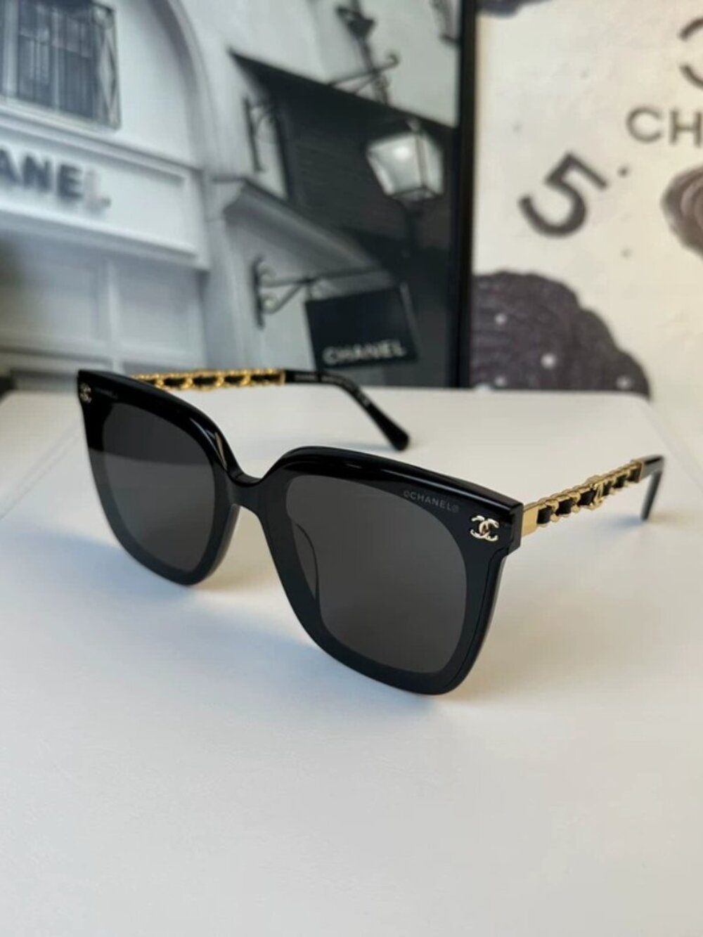 CHANEL Black Leather Chain Square Sunglasses CH0759 NWT Authentic - Picture 2 of 8